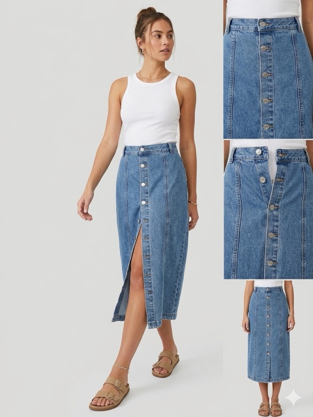 Button-Front Midi Length Denim Skirt